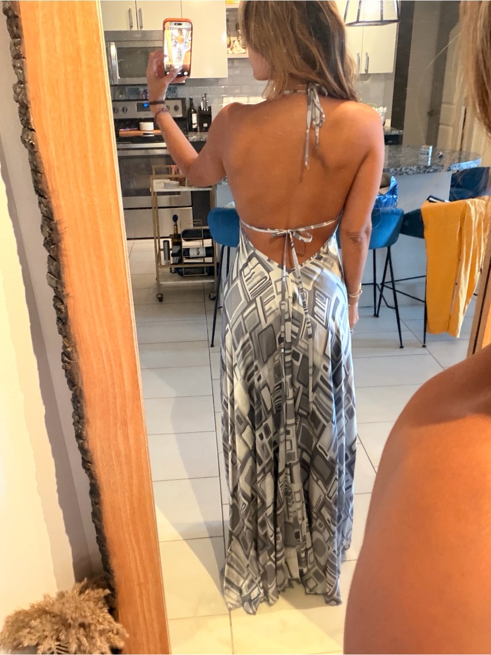 Vintage 90s Emilio Pucci Grey Geometric Halter Maxi Dress - Picture 6 of 10